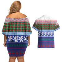 Scottish Christmas Couples Matching Off Shoulder Short Dress and Hawaiian Shirt Xmas Royal Lions and Tartan - Wonder Print Shop