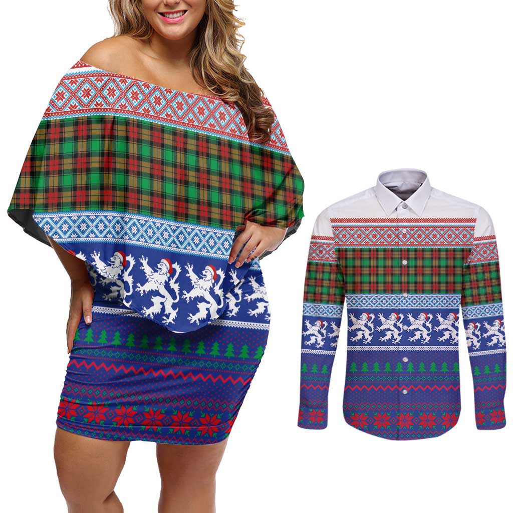 Scottish Christmas Couples Matching Off Shoulder Short Dress and Long Sleeve Button Shirt Xmas Royal Lions and Tartan - Wonder Print Shop