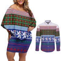 Scottish Christmas Couples Matching Off Shoulder Short Dress and Long Sleeve Button Shirt Xmas Royal Lions and Tartan - Wonder Print Shop