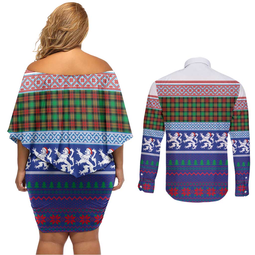 Scottish Christmas Couples Matching Off Shoulder Short Dress and Long Sleeve Button Shirt Xmas Royal Lions and Tartan - Wonder Print Shop