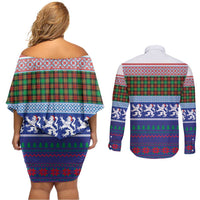 Scottish Christmas Couples Matching Off Shoulder Short Dress and Long Sleeve Button Shirt Xmas Royal Lions and Tartan - Wonder Print Shop