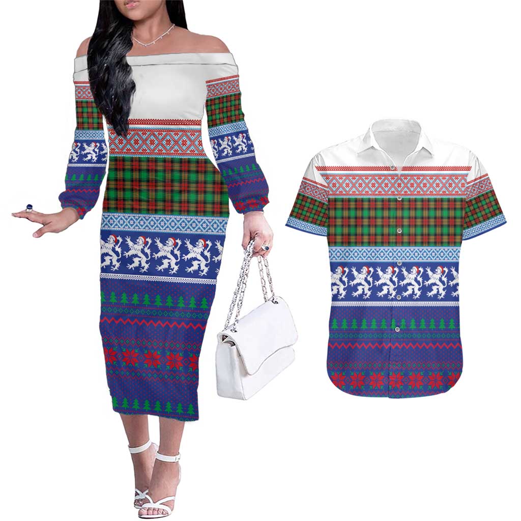 Scottish Christmas Couples Matching Off The Shoulder Long Sleeve Dress and Hawaiian Shirt Xmas Royal Lions and Tartan - Wonder Print Shop