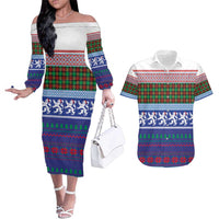 Scottish Christmas Couples Matching Off The Shoulder Long Sleeve Dress and Hawaiian Shirt Xmas Royal Lions and Tartan - Wonder Print Shop