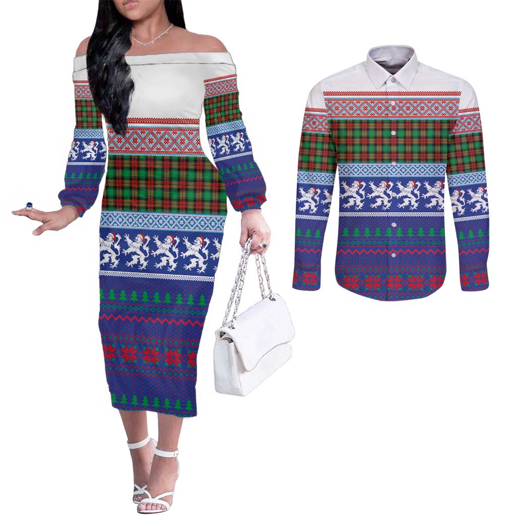 Scottish Christmas Couples Matching Off The Shoulder Long Sleeve Dress and Long Sleeve Button Shirt Xmas Royal Lions and Tartan - Wonder Print Shop