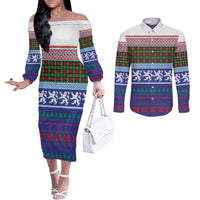 Scottish Christmas Couples Matching Off The Shoulder Long Sleeve Dress and Long Sleeve Button Shirt Xmas Royal Lions and Tartan - Wonder Print Shop