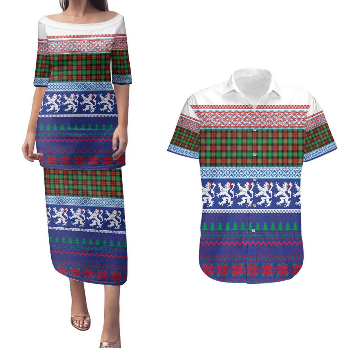 Scottish Christmas Couples Matching Puletasi and Hawaiian Shirt Xmas Royal Lions and Tartan - Wonder Print Shop
