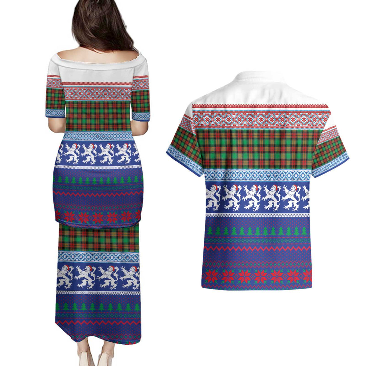 Scottish Christmas Couples Matching Puletasi and Hawaiian Shirt Xmas Royal Lions and Tartan - Wonder Print Shop