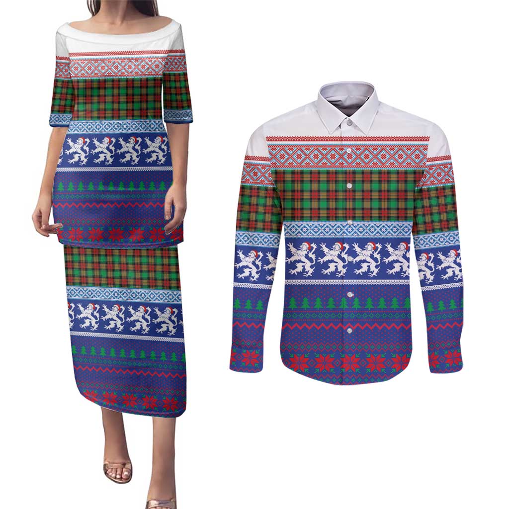 Scottish Christmas Couples Matching Puletasi and Long Sleeve Button Shirt Xmas Royal Lions and Tartan - Wonder Print Shop