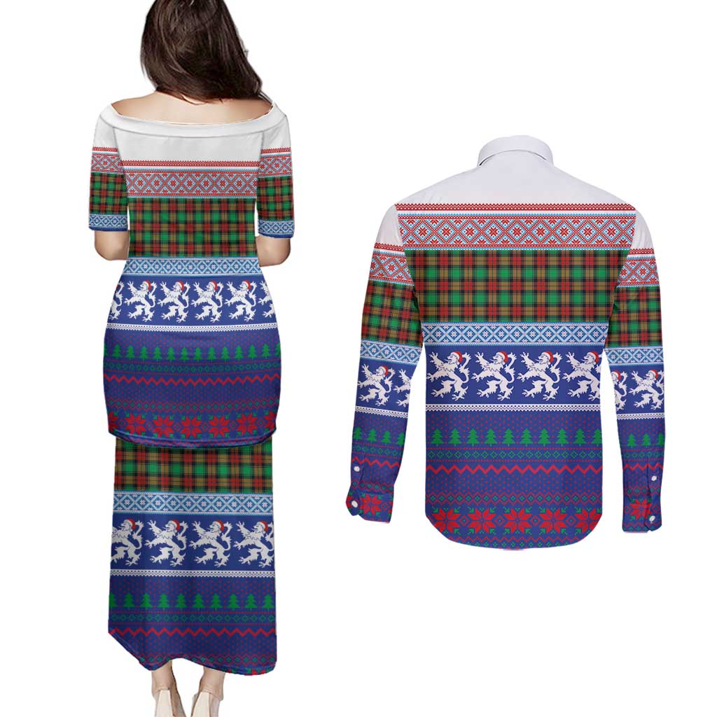 Scottish Christmas Couples Matching Puletasi and Long Sleeve Button Shirt Xmas Royal Lions and Tartan - Wonder Print Shop