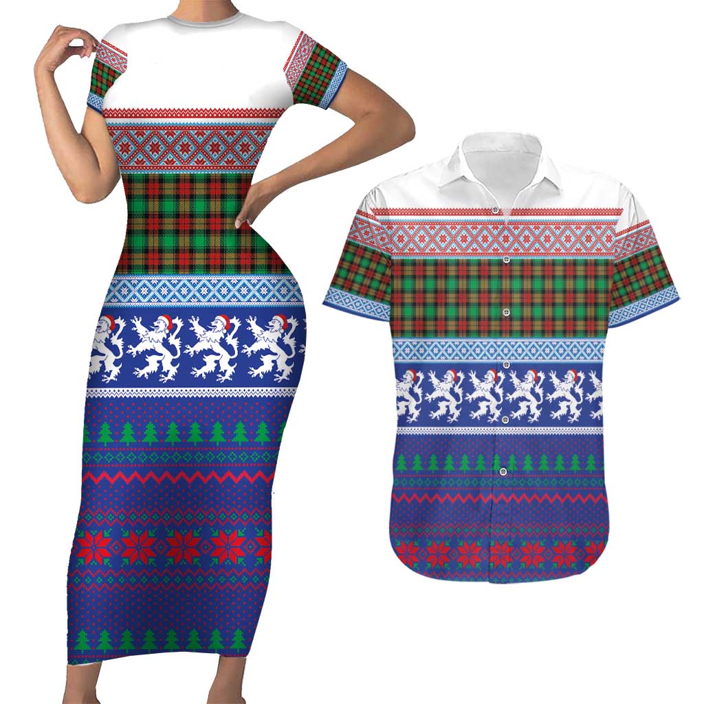 Scottish Christmas Couples Matching Short Sleeve Bodycon Dress and Hawaiian Shirt Xmas Royal Lions and Tartan - Wonder Print Shop