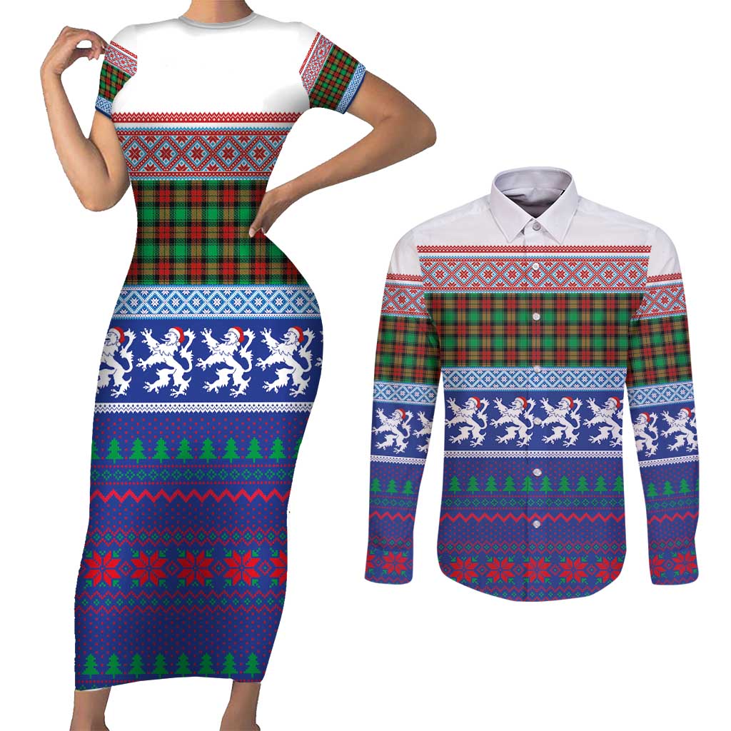 Scottish Christmas Couples Matching Short Sleeve Bodycon Dress and Long Sleeve Button Shirt Xmas Royal Lions and Tartan - Wonder Print Shop