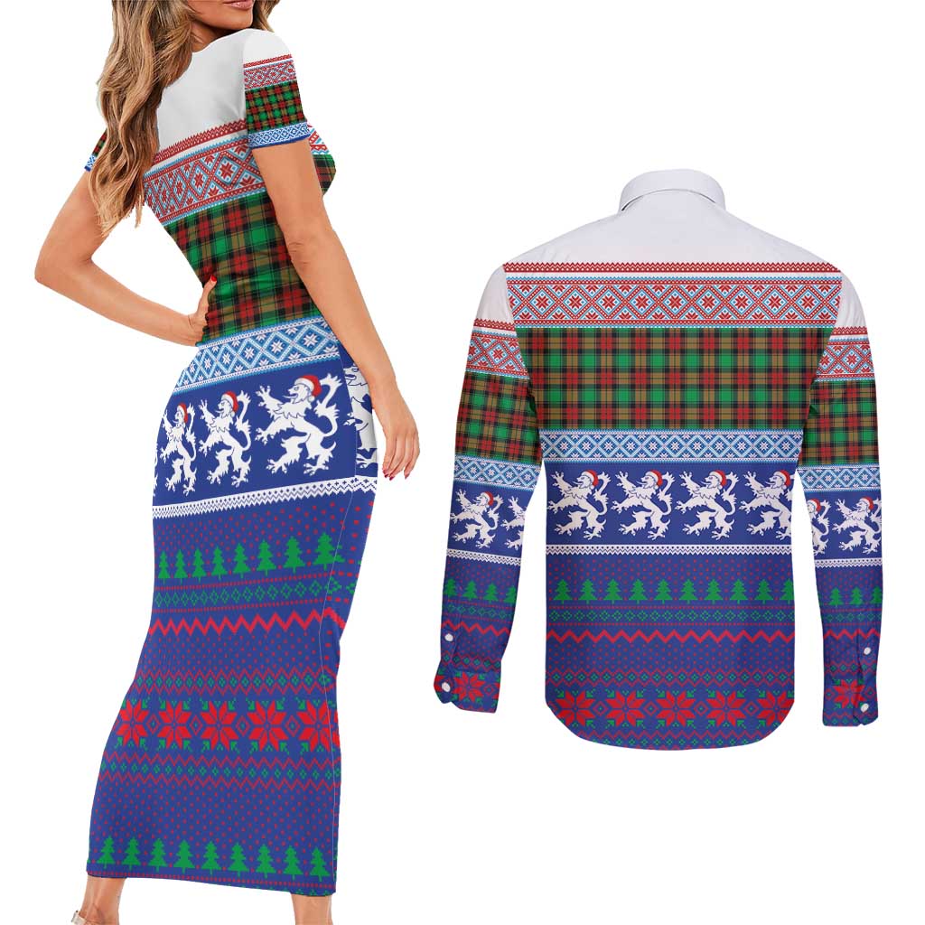 Scottish Christmas Couples Matching Short Sleeve Bodycon Dress and Long Sleeve Button Shirt Xmas Royal Lions and Tartan - Wonder Print Shop