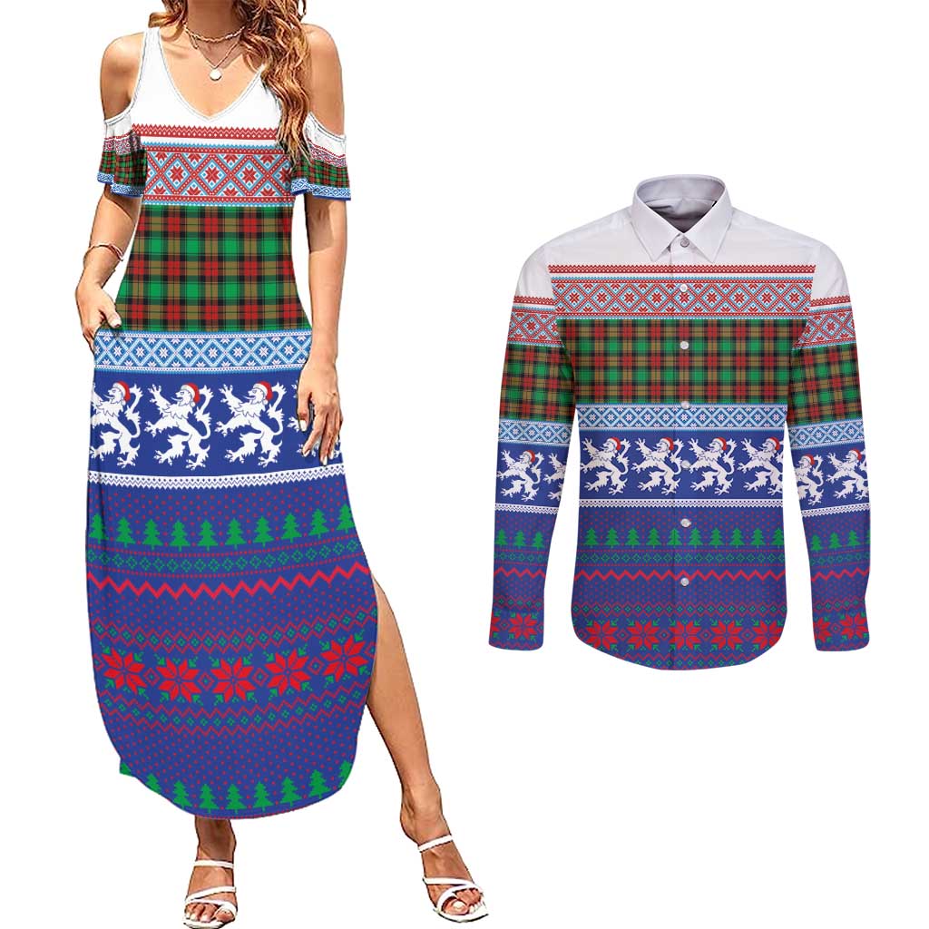 Scottish Christmas Couples Matching Summer Maxi Dress and Long Sleeve Button Shirt Xmas Royal Lions and Tartan - Wonder Print Shop