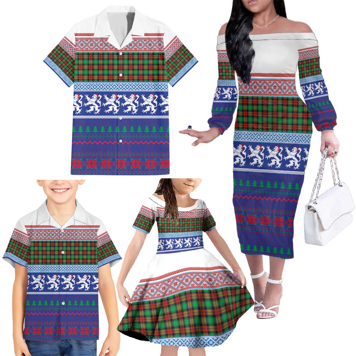 Scottish Christmas Family Matching Off The Shoulder Long Sleeve Dress and Hawaiian Shirt Xmas Royal Lions and Tartan - Wonder Print Shop