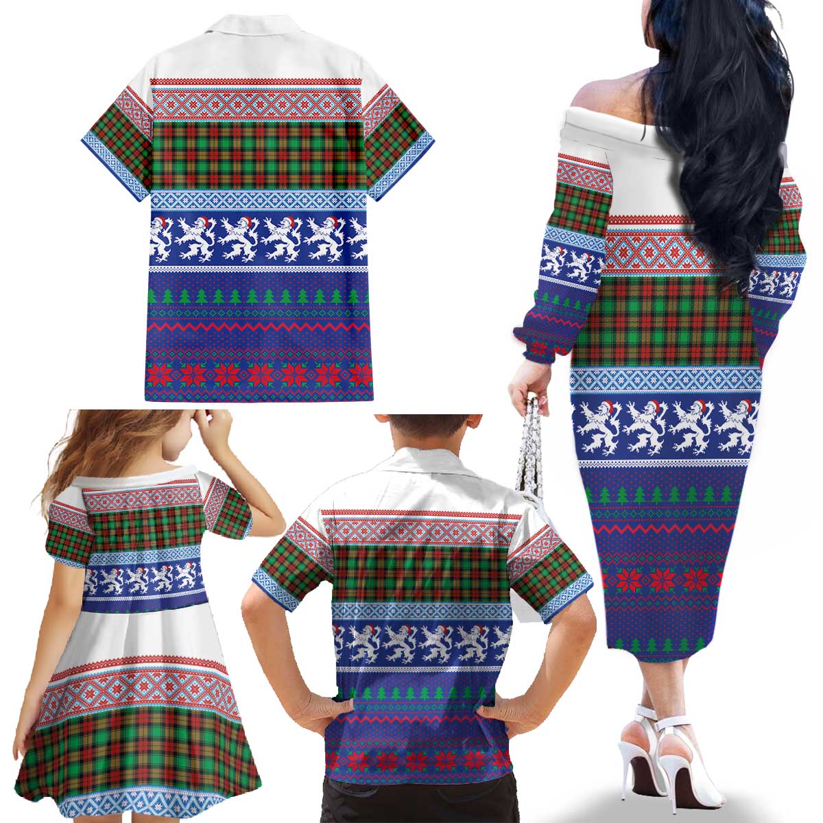 Scottish Christmas Family Matching Off The Shoulder Long Sleeve Dress and Hawaiian Shirt Xmas Royal Lions and Tartan - Wonder Print Shop