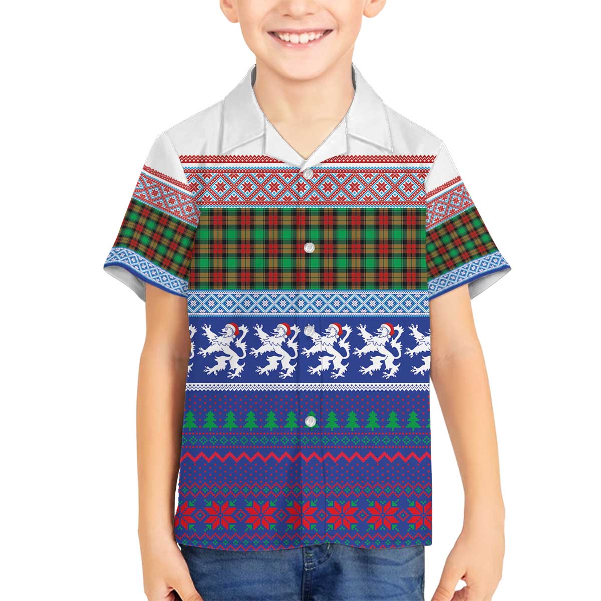 Scottish Christmas Family Matching Off The Shoulder Long Sleeve Dress and Hawaiian Shirt Xmas Royal Lions and Tartan - Wonder Print Shop