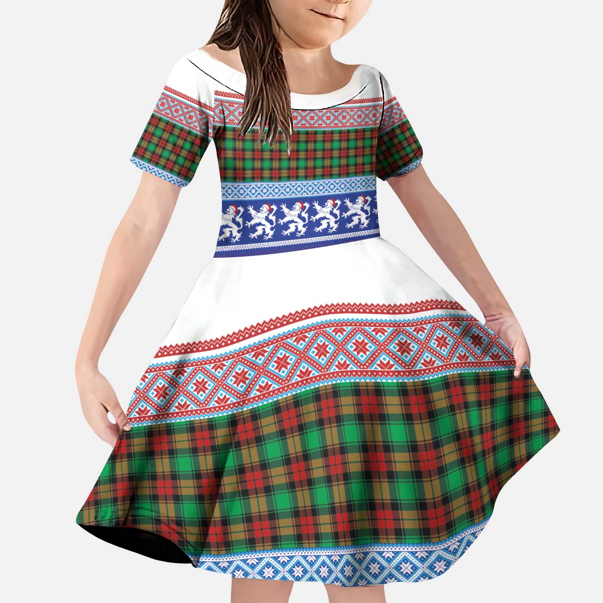 Scottish Christmas Kid Short Sleeve Dress Xmas Royal Lions and Tartan - Wonder Print Shop