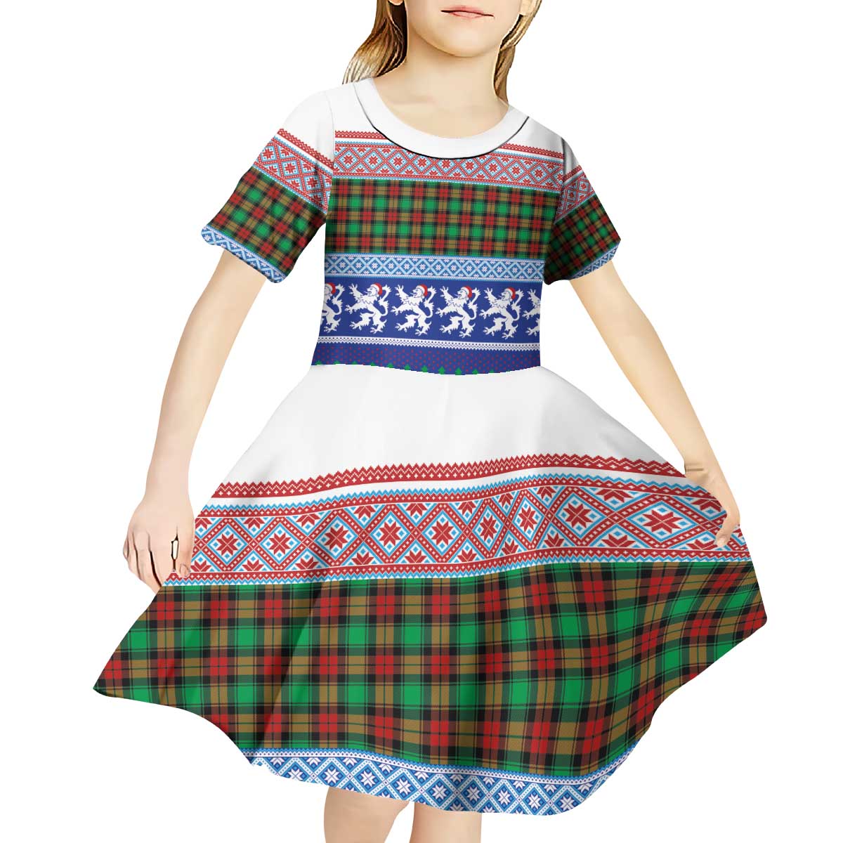 Scottish Christmas Kid Short Sleeve Dress Xmas Royal Lions and Tartan - Wonder Print Shop