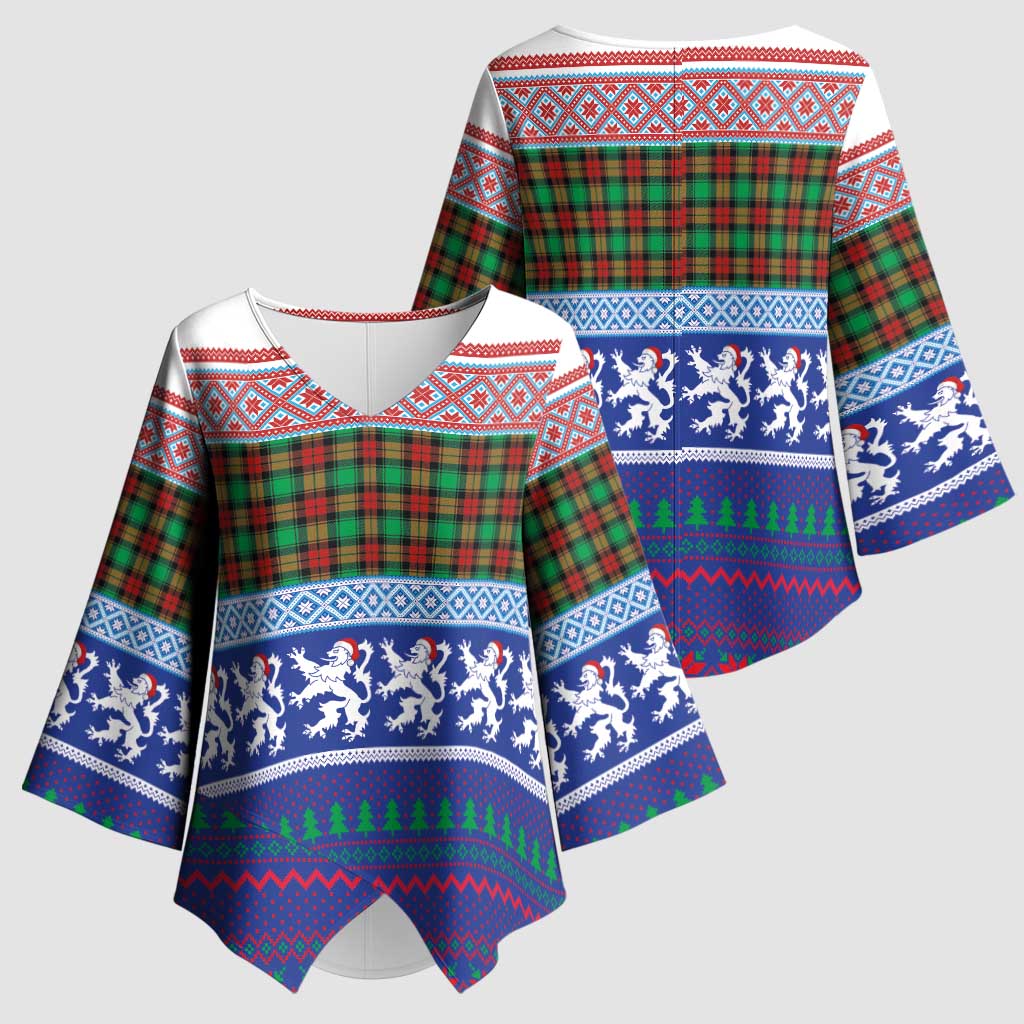 Scottish Christmas Kimono Sleeve Blouse Xmas Royal Lions and Tartan - Wonder Print Shop