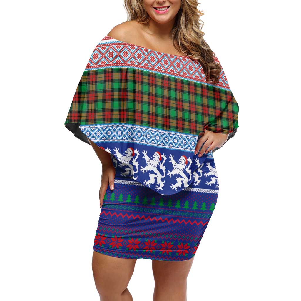 Scottish Christmas Off Shoulder Short Dress Xmas Royal Lions and Tartan - Wonder Print Shop
