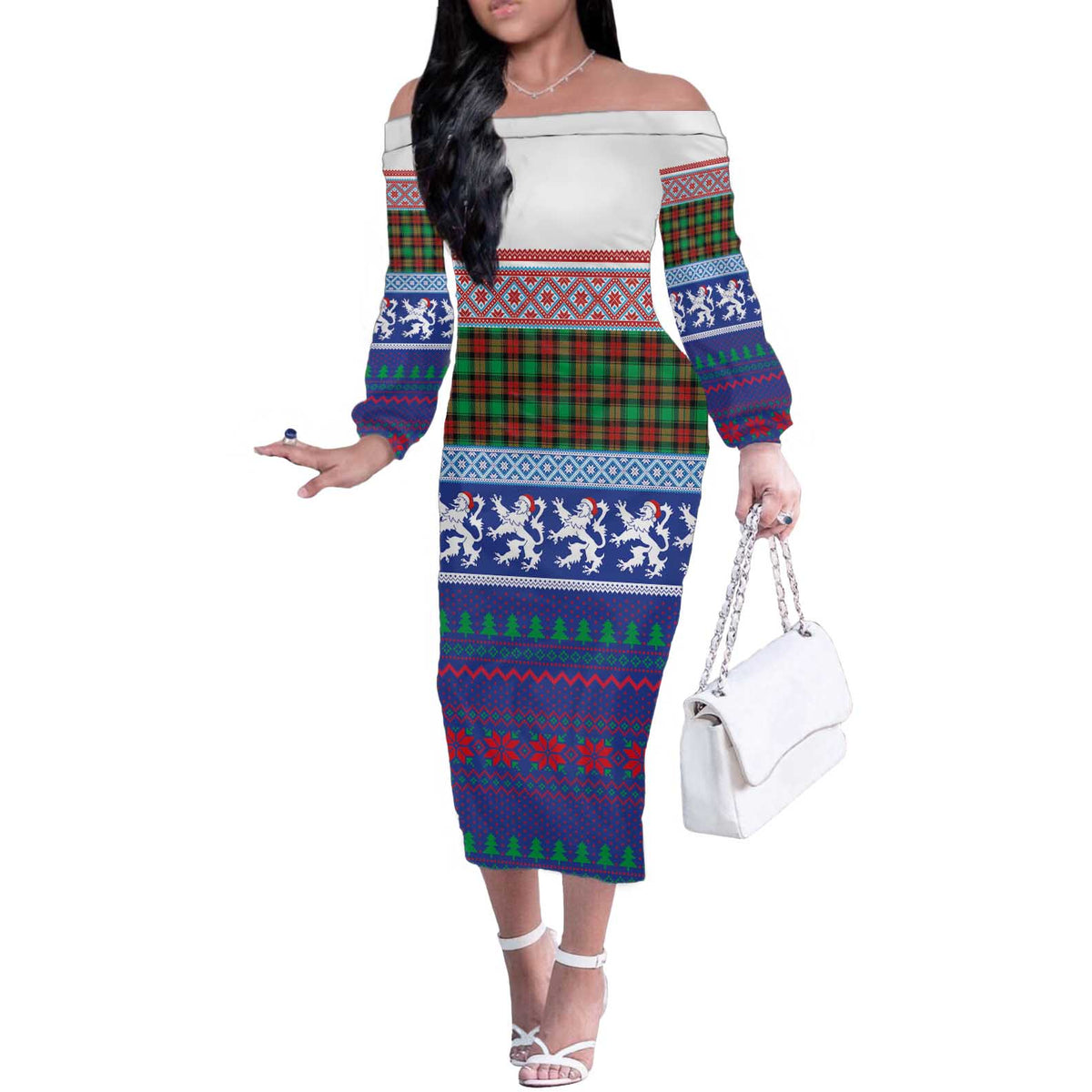 Scottish Christmas Off The Shoulder Long Sleeve Dress Xmas Royal Lions and Tartan - Wonder Print Shop