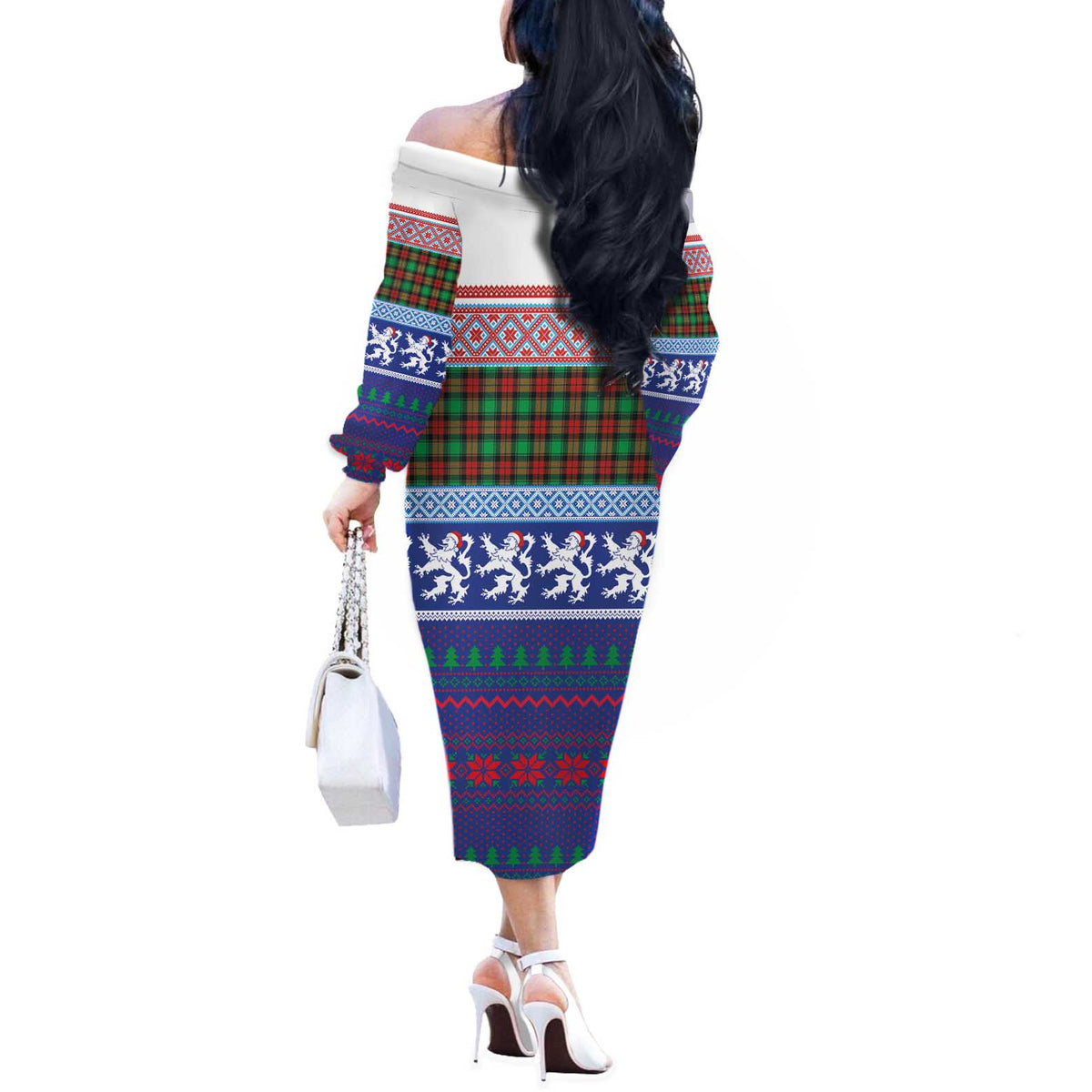 Scottish Christmas Off The Shoulder Long Sleeve Dress Xmas Royal Lions and Tartan - Wonder Print Shop