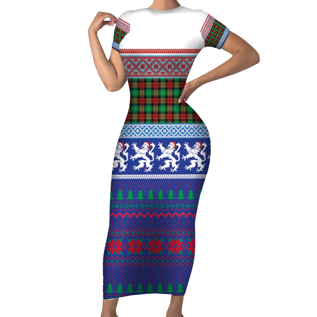 Scottish Christmas Short Sleeve Bodycon Dress Xmas Royal Lions and Tartan - Wonder Print Shop