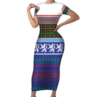 Scottish Christmas Short Sleeve Bodycon Dress Xmas Royal Lions and Tartan - Wonder Print Shop