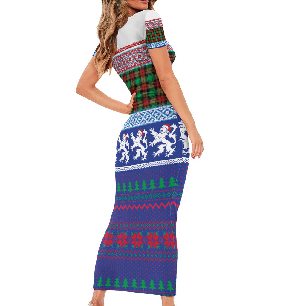 Scottish Christmas Short Sleeve Bodycon Dress Xmas Royal Lions and Tartan - Wonder Print Shop