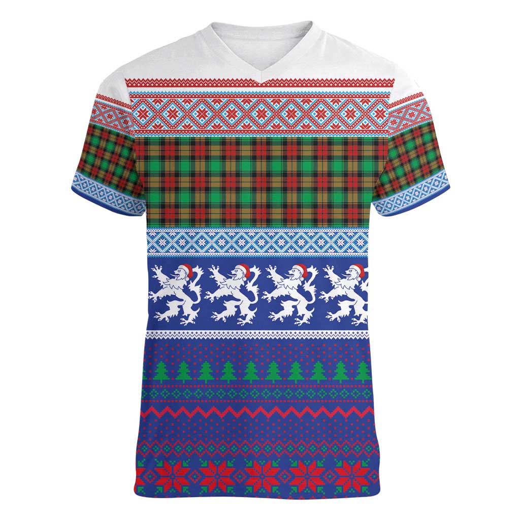 Scottish Christmas Women V-Neck T-Shirt Xmas Royal Lions and Tartan - Wonder Print Shop