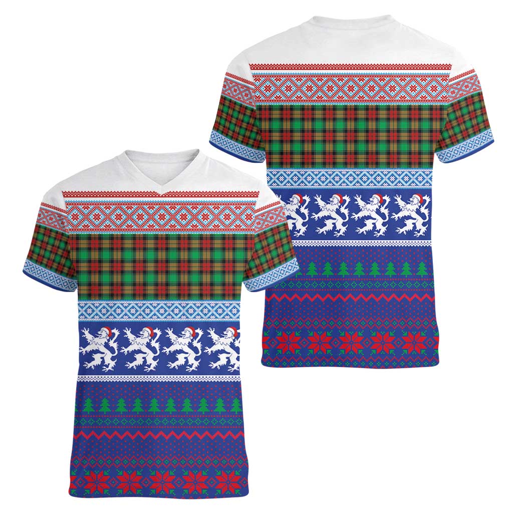 Scottish Christmas Women V-Neck T-Shirt Xmas Royal Lions and Tartan - Wonder Print Shop