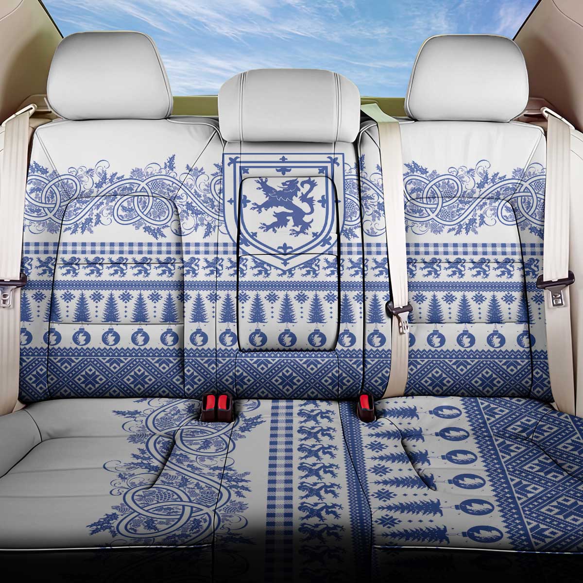 Scottish Christmas Back Car Seat Cover Scotland Thistle and Celtic Knot White-Blue Color - Wonder Print Shop