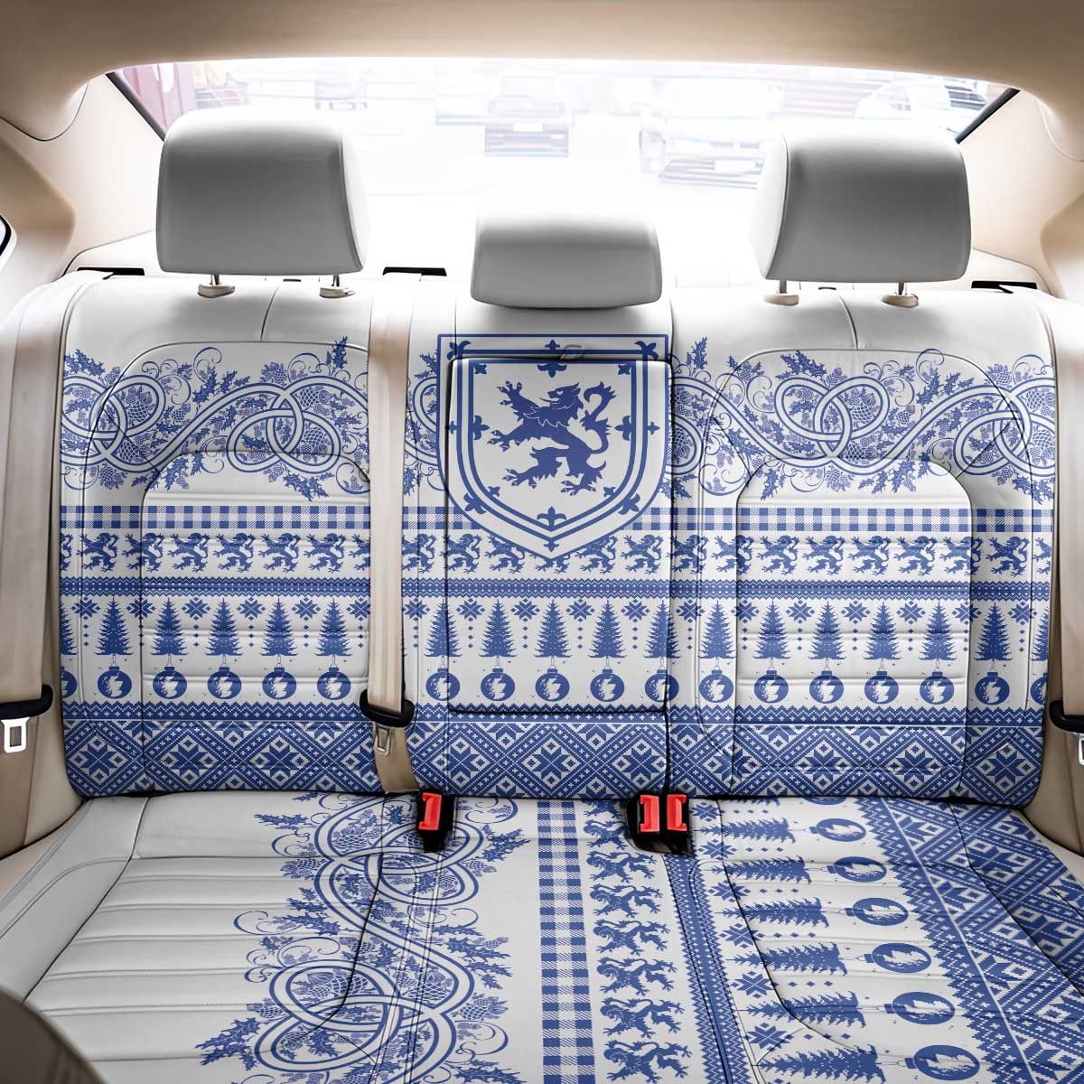 Scottish Christmas Back Car Seat Cover Scotland Thistle and Celtic Knot White-Blue Color - Wonder Print Shop