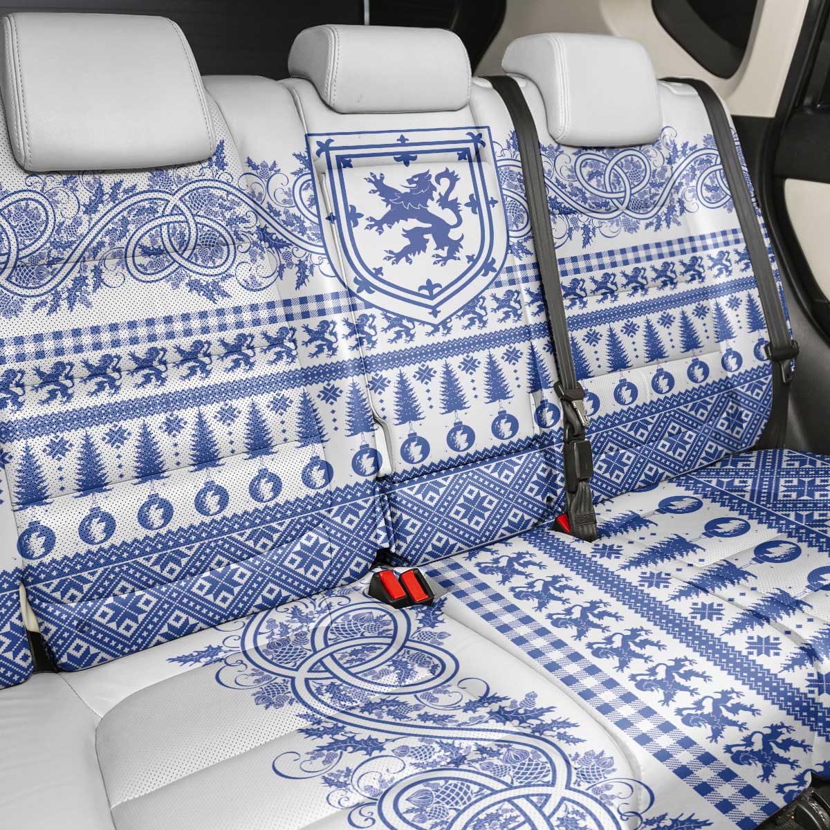 Scottish Christmas Back Car Seat Cover Scotland Thistle and Celtic Knot White-Blue Color - Wonder Print Shop
