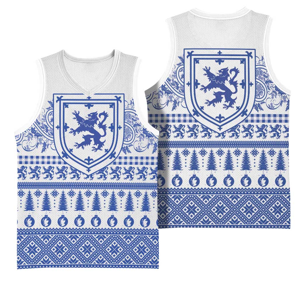 Scottish Christmas Basketball Jersey Scotland Thistle and Celtic Knot White-Blue Color - Wonder Print Shop