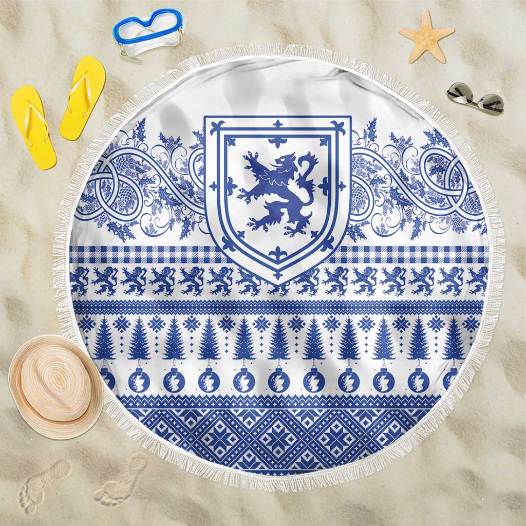 Scottish Christmas Beach Blanket Scotland Thistle and Celtic Knot White-Blue Color - Wonder Print Shop