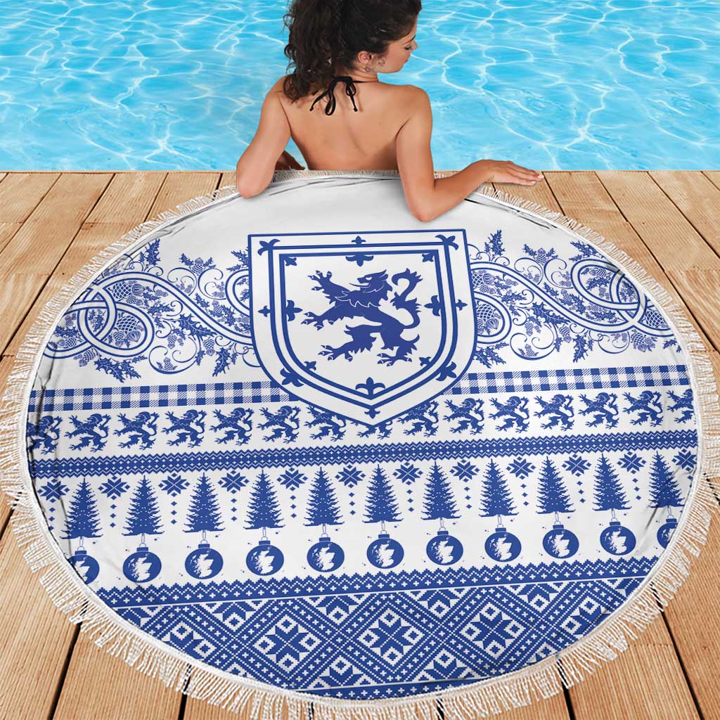 Scottish Christmas Beach Blanket Scotland Thistle and Celtic Knot White-Blue Color - Wonder Print Shop