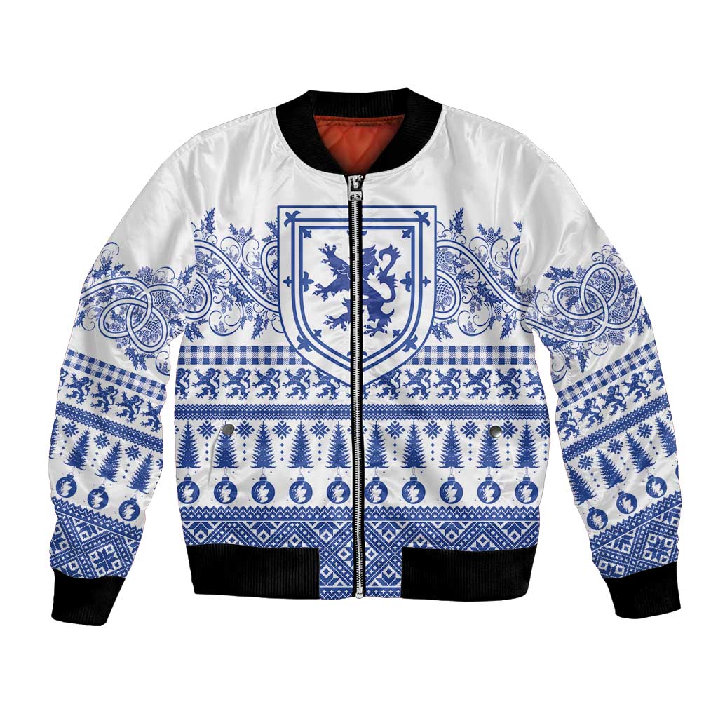 Scottish Christmas Bomber Jacket Scotland Thistle and Celtic Knot White-Blue Color - Wonder Print Shop