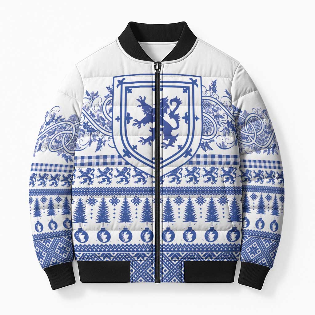 Scottish Christmas Bomber Puffer Jacket Scotland Thistle and Celtic Knot White-Blue Color - Wonder Print Shop