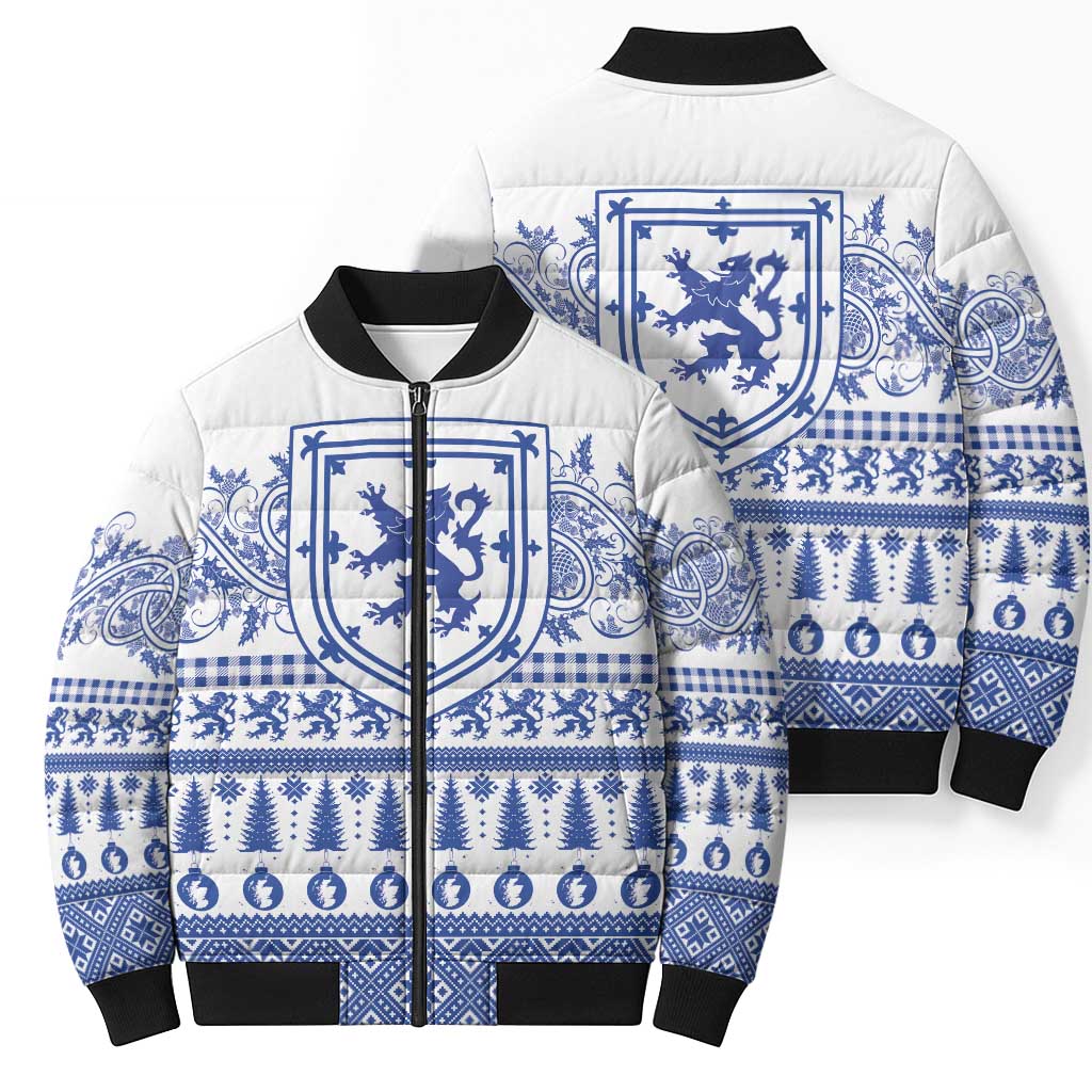 Scottish Christmas Bomber Puffer Jacket Scotland Thistle and Celtic Knot White-Blue Color - Wonder Print Shop