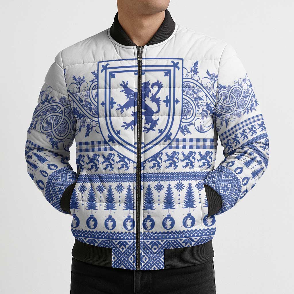 Scottish Christmas Bomber Puffer Jacket Scotland Thistle and Celtic Knot White-Blue Color - Wonder Print Shop