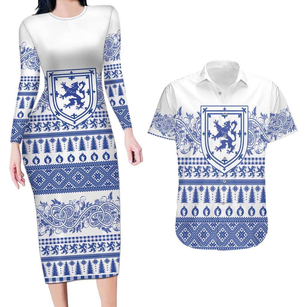Scottish Christmas Couples Matching Long Sleeve Bodycon Dress and Hawaiian Shirt Scotland Thistle and Celtic Knot White-Blue Color - Wonder Print Shop