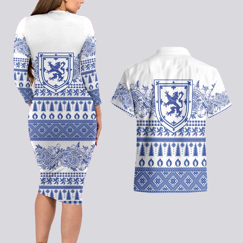 Scottish Christmas Couples Matching Long Sleeve Bodycon Dress and Hawaiian Shirt Scotland Thistle and Celtic Knot White-Blue Color - Wonder Print Shop