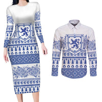 Scottish Christmas Couples Matching Long Sleeve Bodycon Dress and Long Sleeve Button Shirt Scotland Thistle and Celtic Knot White-Blue Color - Wonder Print Shop