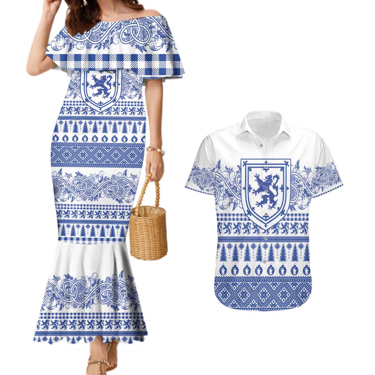 Scottish Christmas Couples Matching Mermaid Dress and Hawaiian Shirt Scotland Thistle and Celtic Knot White-Blue Color - Wonder Print Shop
