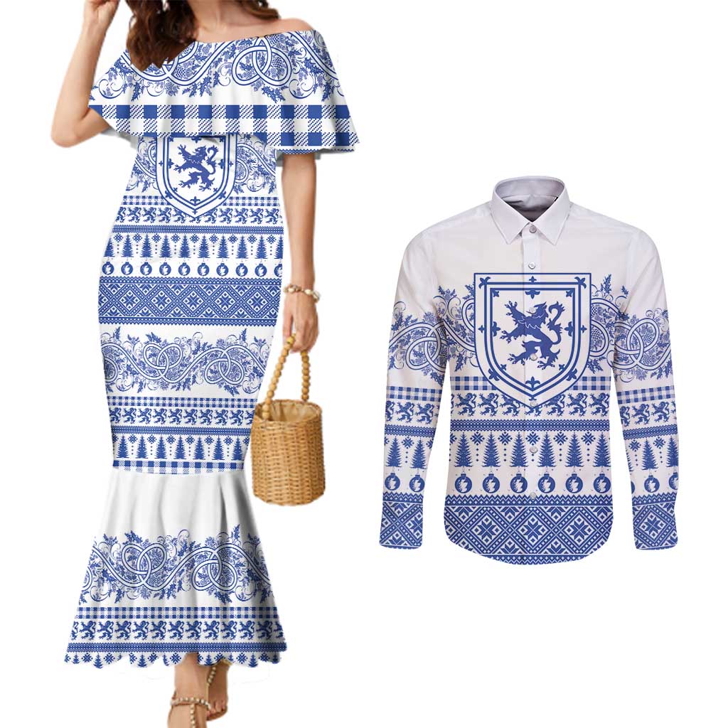 Scottish Christmas Couples Matching Mermaid Dress and Long Sleeve Button Shirt Scotland Thistle and Celtic Knot White-Blue Color - Wonder Print Shop