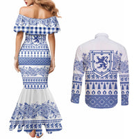 Scottish Christmas Couples Matching Mermaid Dress and Long Sleeve Button Shirt Scotland Thistle and Celtic Knot White-Blue Color - Wonder Print Shop