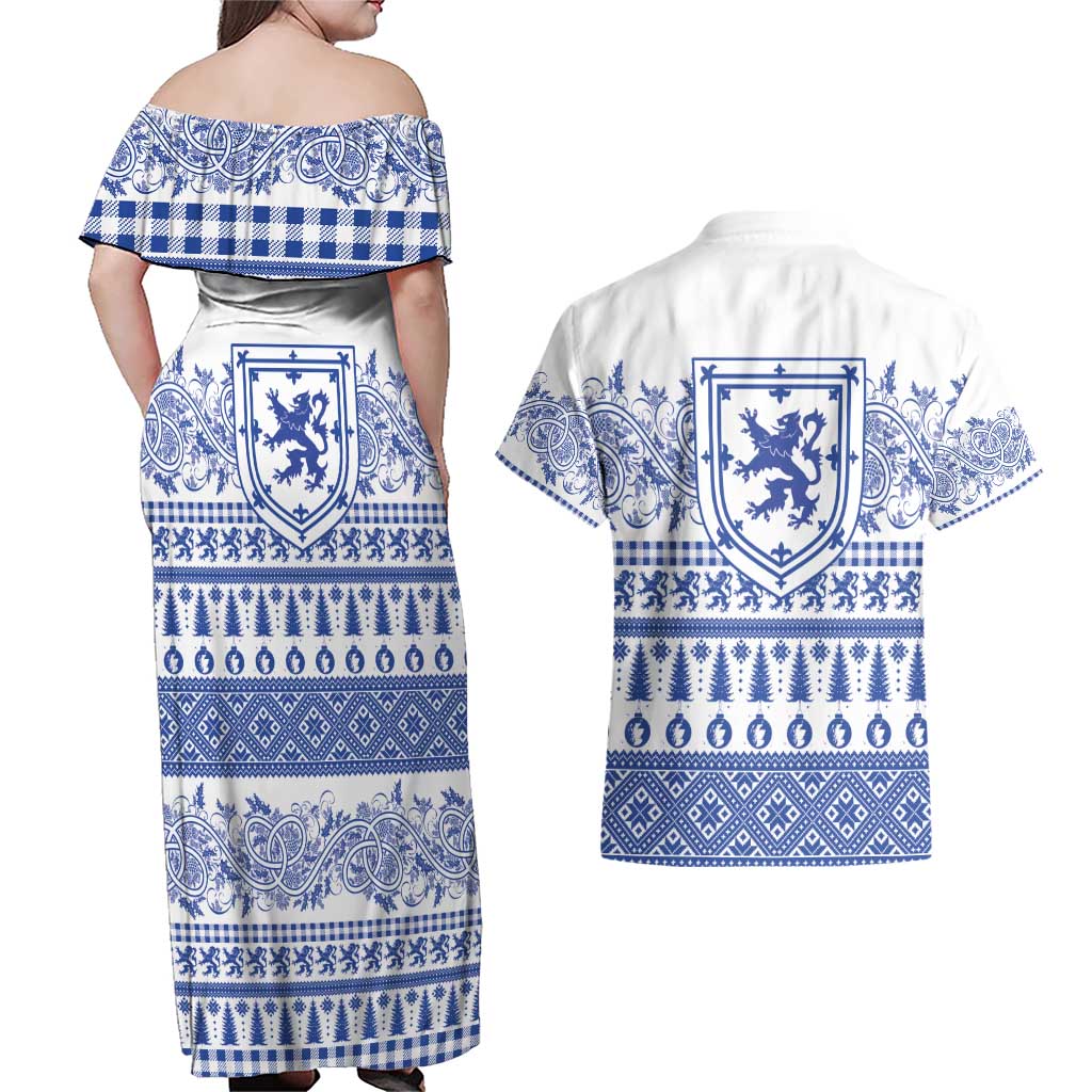 Scottish Christmas Couples Matching Off Shoulder Maxi Dress and Hawaiian Shirt Scotland Thistle and Celtic Knot White-Blue Color - Wonder Print Shop