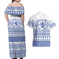Scottish Christmas Couples Matching Off Shoulder Maxi Dress and Hawaiian Shirt Scotland Thistle and Celtic Knot White-Blue Color - Wonder Print Shop
