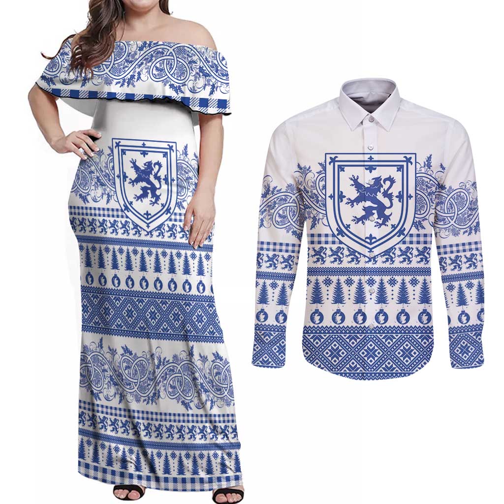 Scottish Christmas Couples Matching Off Shoulder Maxi Dress and Long Sleeve Button Shirt Scotland Thistle and Celtic Knot White-Blue Color - Wonder Print Shop